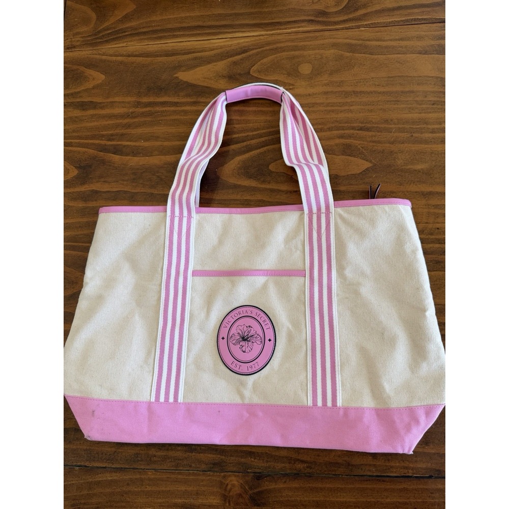 Victoria's Secret Canvas Tote Bag Pink Striped Handles Floral Logo Patch